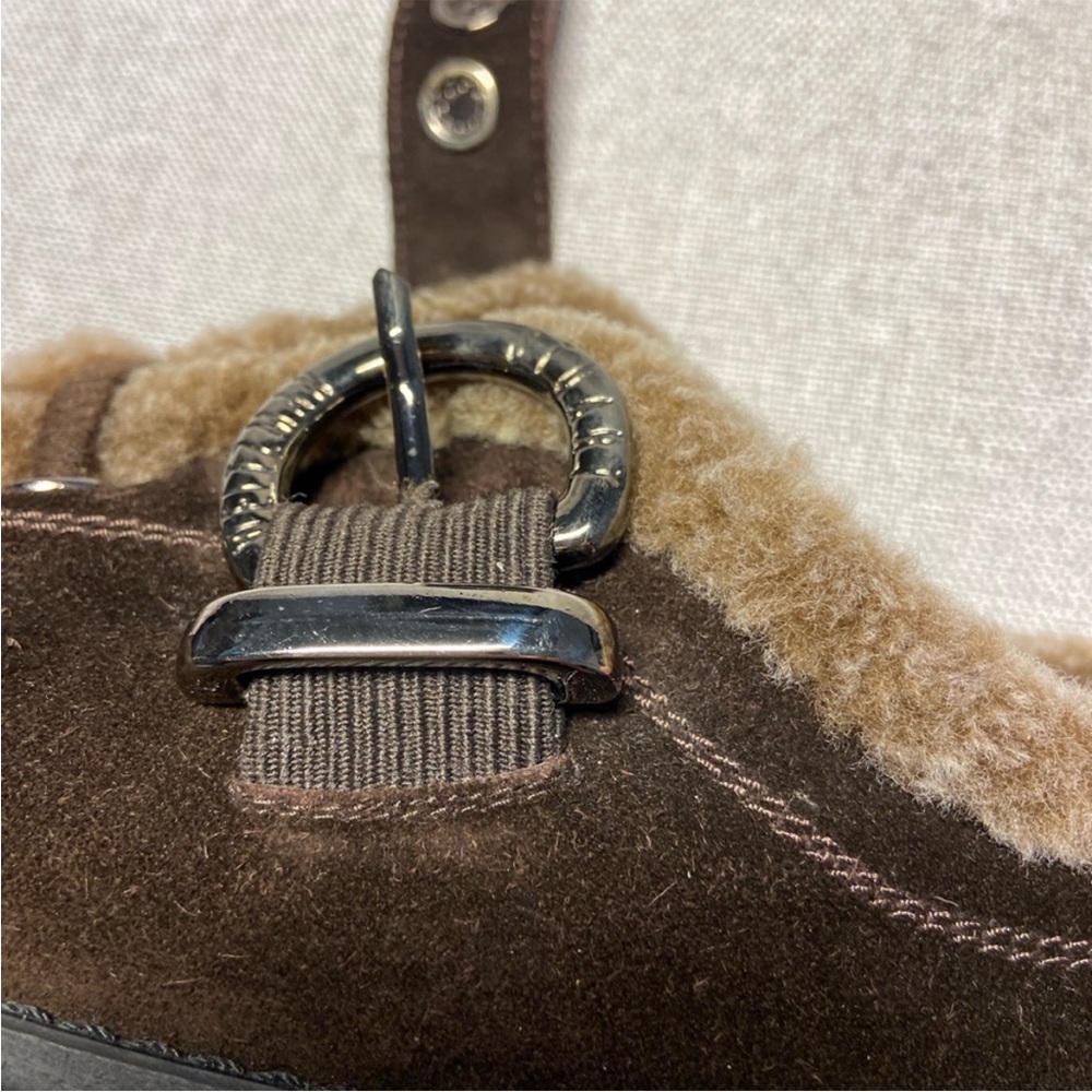 Stuart Weitzman Brown Suede Shearling-Lined Shoe with buckle closure & lug sole - Picture 8 of 12